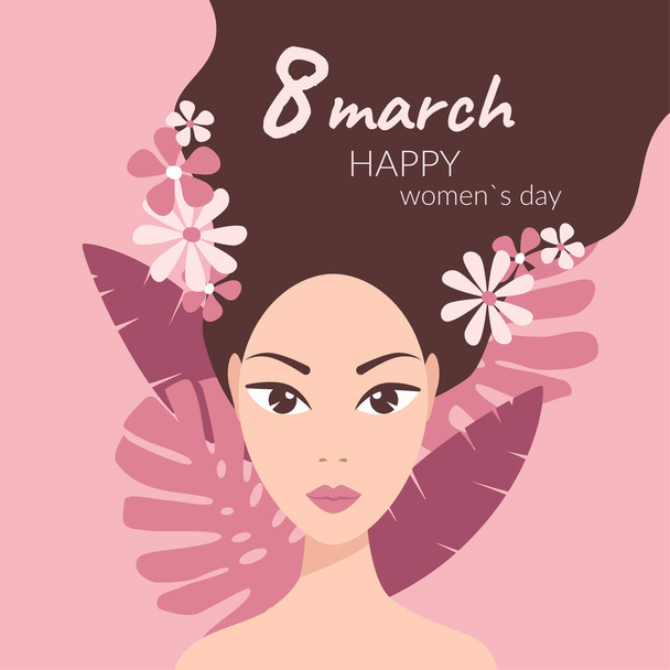 Tropikal yaprakları olan bir kız, pembe arka planda saçlarında çiçekler, düz resimli bir vektör. 8 Mart 'ta mesajlı bir tebrik kartı. Mutlu Kadınlar Günü konsepti - Vektör, Görsel