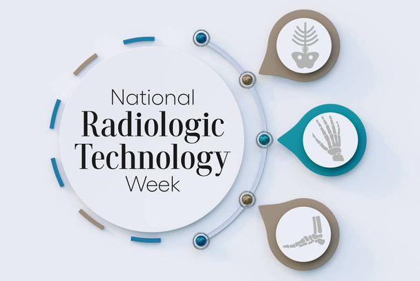Die Woche der radiologischen Technologie (NRTW) findet jedes Jahr im November statt. Dabei handelt es sich um die medizinische Disziplin, die mithilfe medizinischer Bildgebung Krankheiten im Körper von Tieren und Menschen diagnostiziert. 3D-Rendering - Foto, Bild