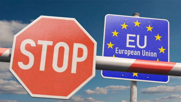 STOP táblával és info jellel ellátott akadály "EU Európai Unió"  - Fotó, kép