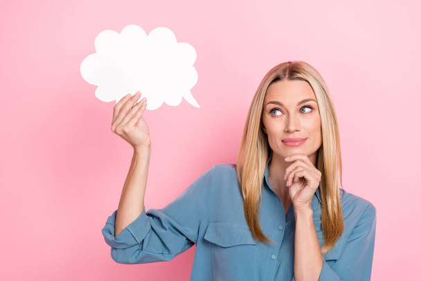 Photo of optimistic satisfied woman with straight hairdo wear blue blouse hold white cloud finger chin isolated on pink color background. - Φωτογραφία, εικόνα