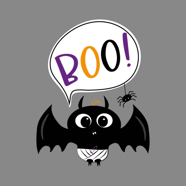Boo - süße Babyfledermaus und Spinne mit Sprechblase. Gut für Vorlage, T-Shirt-Druck, Gruß- und Einladungskarte, Poster, Etikett und andere Dekoration für Halloween. - Vektor, Bild