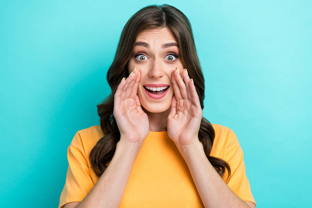 Close up photo of positive cute lady wear yellow trendy outfit arm near face harry up big friday sale isolated on cyan color background. - Photo, image