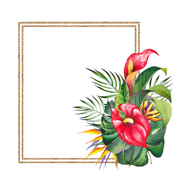 Tropical square frame with red lily, strelitzia flowers and palm leaves. Watercolor illustration on white background. - Фото, изображение