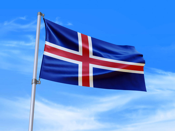 Schöne isländische Flagge weht im Wind mit Himmelshintergrund - 3D Illustration - 3D Render - Foto, Bild