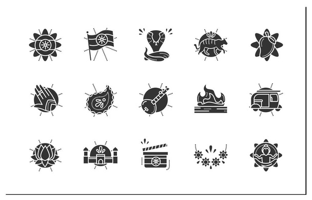 Indian culture glyph icons set. National traditions and customs, festivals, ceremonies, cultural heritage, monuments and more. Filled flat signs. Isolated silhouette vector illustrations - Vector, Image