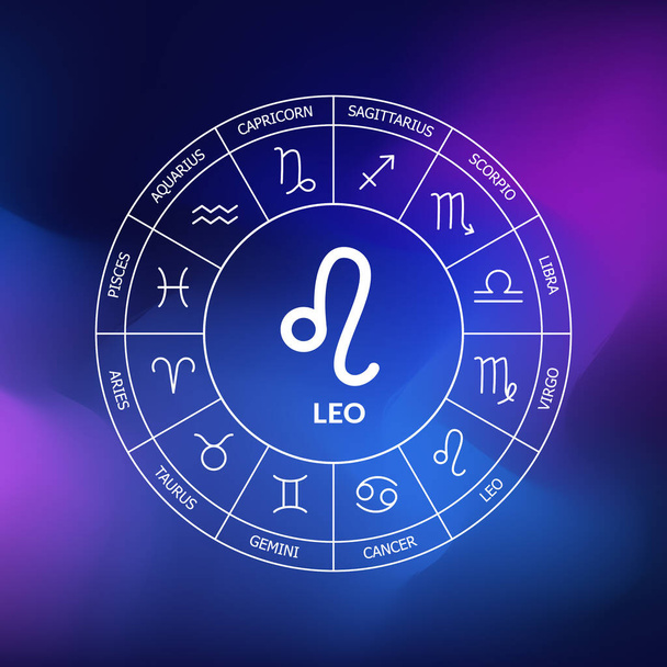 レオ・ゾディアックサイン。宇宙の濃い青の背景に黄道円。占星術。宇宙船だ。黄道帯の12の兆候。ベクターイラスト - ベクター画像