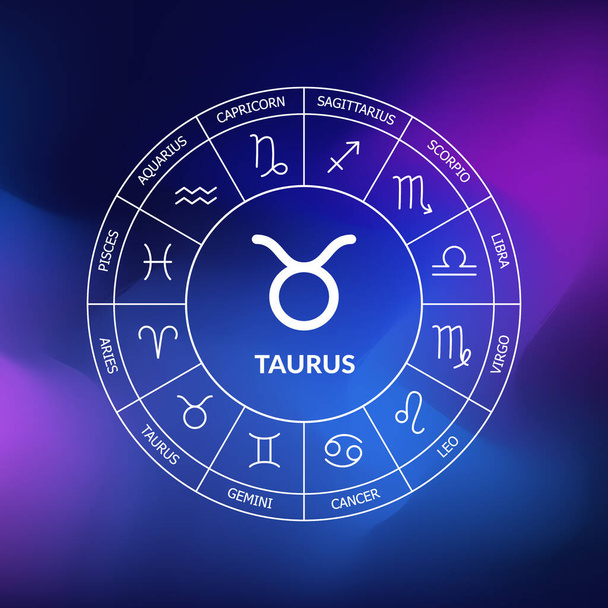 Taurus horoskooppi. Zodiac ympyrä tummansininen tausta tilaa. Astrologiaa. Kosmogrammi. 12 horoskooppimerkkiä. Vektoriesimerkki - Vektori, kuva