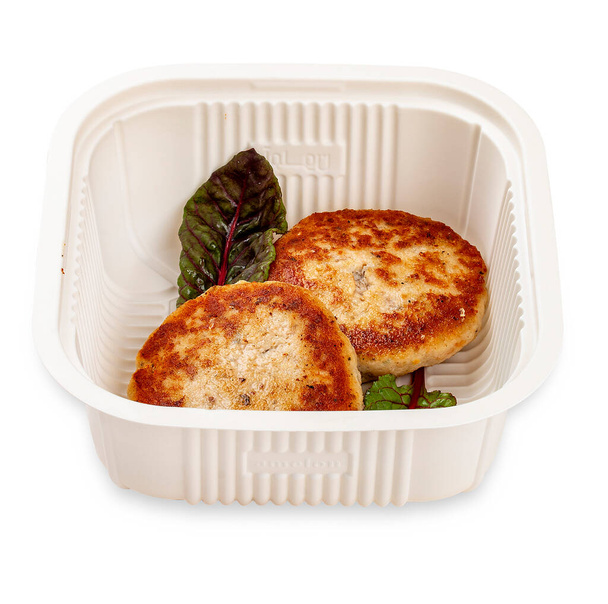  Fried chicken cutlets. In a plastic container. Food to go. On a light background. - Fotoğraf, Görsel