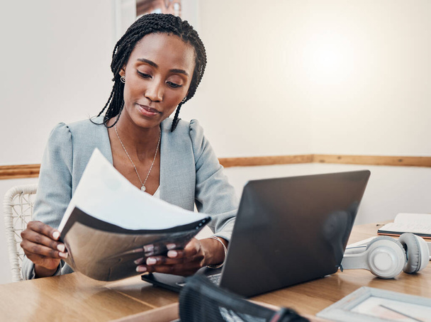 Black woman with business documents, small business entrepreneur working on strategy and planning online marketing. Learning startup industry vision, laptop for advertising company and technology job. - Фото, зображення