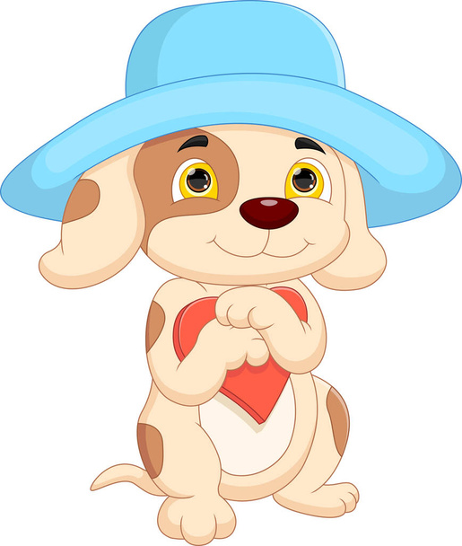 καρτούν χαριτωμένο σκυλί φορώντας ένα καπέλο και κρατώντας ένα σημάδι αγάπης καρδιά - Διάνυσμα, εικόνα