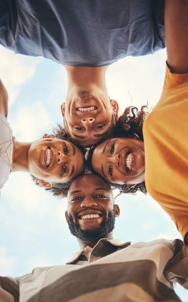 Circle, friends and portrait of happy group of people with smile on their face, having fun. Diversity, friendship and summer adventure selfie looking down, support in multicultural team on holiday. - Foto, imagen
