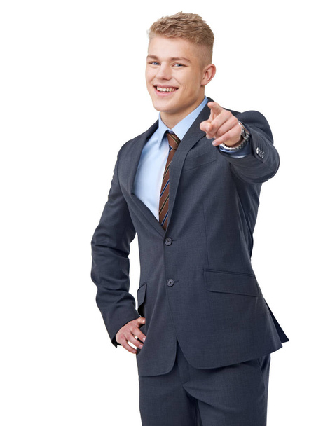 Youre the one we need. A young businessman pointing at you while isolated on a white background - Foto, afbeelding