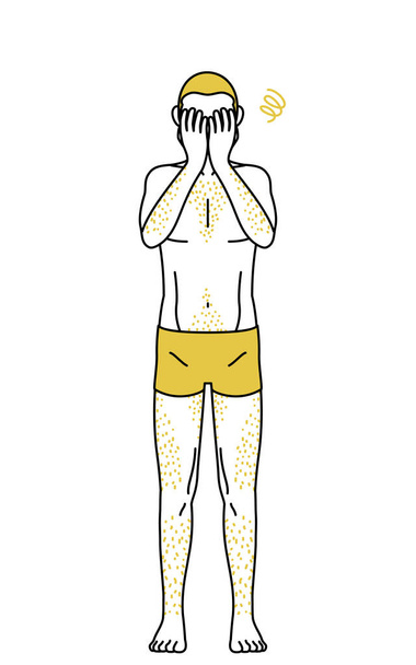 Line drawings of men suffering from thick body hair, pose of depression as he covers his face with his hands - Vector, Image