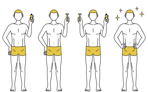 Linienzeichnung Pose Set von einem Mann mit Haarausfall, hält Selbstbehandlung Haarentfernungscreme oder Rasiermesser - Vektor, Bild