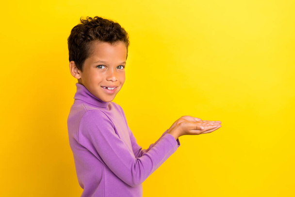 Photo portrait of adorable small boy palms hold empty space toothy smile dressed stylish purple look isolated on yellow color background. - Foto, Imagen