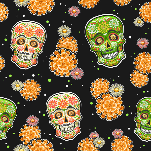 Vector Day of the Dead seamless pattern, square repeating background with set of cut out illustrations of various colorful skulls and orange flowers on dark background, wrapping paper for day of dead - Vector, Image