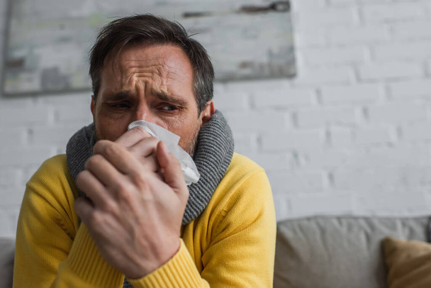 sick man in warm scarf suffering from rhinitis and holding paper napkin near face - Фото, изображение