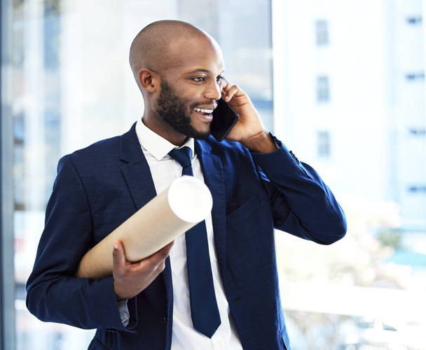 Architect, engineer or construction businessman phone call for project building planning or commercial development goal. Corporate, entrepreneur black man talking b2b strategy mission industry job. - Fotó, kép