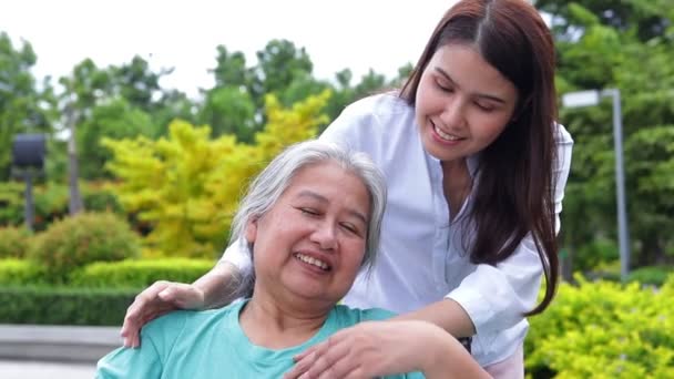 daughter taking care of elderly mother sitting in a wheelchair Take a walk and breathe in the fresh air in the park. A caregiver or nurse takes care of a senior patient. Elderly health center concept - Footage, Video