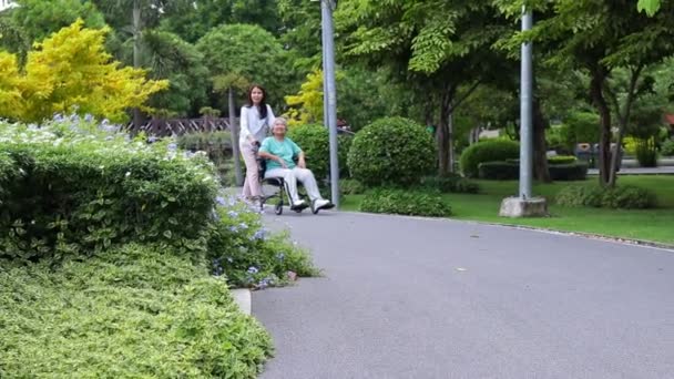 dcera pečující o starší matku sedící na invalidním vozíku Projděte se a nadechněte se čerstvého vzduchu v parku. Pečovatel nebo zdravotní sestra se postará o staršího pacienta. Koncept staršího zdravotního střediska - Záběry, video