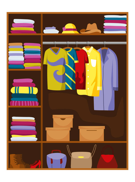 Clothes wardrobe room full of woman clothes. Furniture with shelves for accessories. Boutique interior design concept. Flat style vector illustration. - Vetor, Imagem