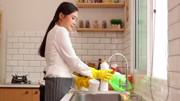 mujer que trabaja en la oficina vistiendo un traje Lavar los platos en casa después del trabajo. El concepto de mujeres trabajadoras. mujer quehacer doméstico - Metraje, vídeo