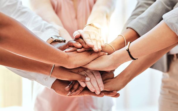 Teamwork, community and support with hands of business people together for collaboration, networking and goals. Mission, team building and motivation with employees for vision, diversity and growth. - Foto, imagen