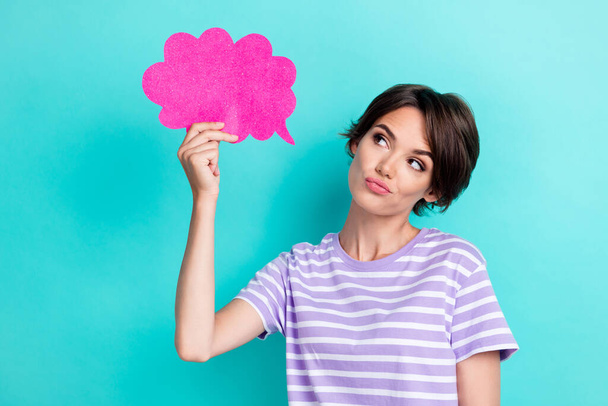 Photo of adorable gorgeous girl with bob hairstyle dressed striped t-shirt hold pink paper cloud isolated on turquoise color background. - Valokuva, kuva