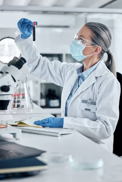 Επιστήμονας, παθολογία και γυναίκα του αίματος ή της επιστήμης του DNA που εργάζονται σε ένα εργαστήριο για covid έρευνα, την καινοτομία και τη θεραπεία με δοκιμαστικό σωλήνα δείγμα. Αναλυτικά και ιατρικές ανακαλύψεις με γυναίκα ασφάλεια στο εργαστήριο. - Φωτογραφία, εικόνα