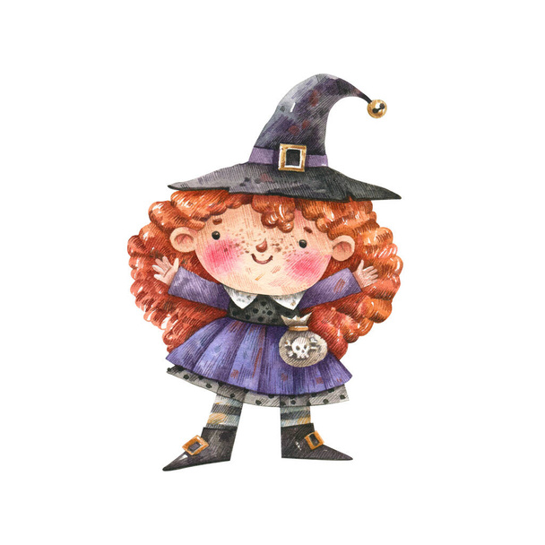 Roztomilý Halloween postava, rusovlasá čarodějka akvarel ilustrace izolované na bílém pozadí. Čarodějnice v purpurových šatech s rudými vlasy a špičatým kloboukem. - Fotografie, Obrázek