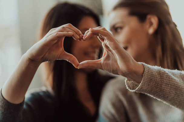 Diverse girls lesbian couple hugging looking at camera and showing heart symbol of love, close up portrait. Stylish cool generation z women dating in love enjoy romantic relationships. Lgbtq concept.  - 写真・画像