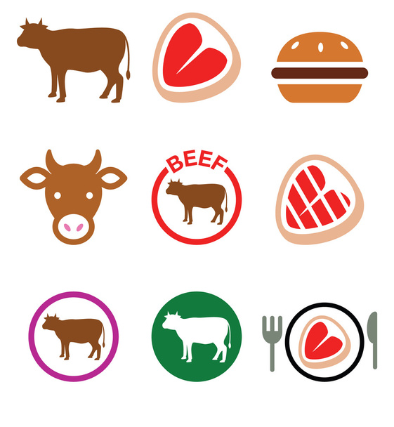 Carne de res, vector de vaca icono conjunto
 - Vector, Imagen