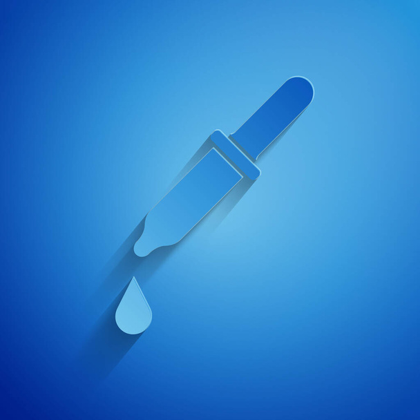 Paper cut Pipette icon isolated on blue background. Element of medical, chemistry lab equipment. Pipette with drop. Medicine symbol. Paper art style. Vector. - Vektor, Bild