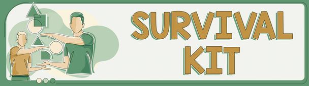Tekst bijschrift presenteren Survival Kit, Zakelijke aanpak Emergency Equipment Verzameling van items om iemand te helpen - Foto, afbeelding