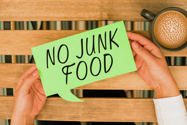 Κείμενο που δείχνει έμπνευση Όχι Junk Τροφίμων, Επιχειρηματική επισκόπηση Σταματήστε να τρώτε ανθυγιεινά πράγματα πηγαίνετε σε μια διατροφή εγκαταλείψει πατάτες burgers - Φωτογραφία, εικόνα