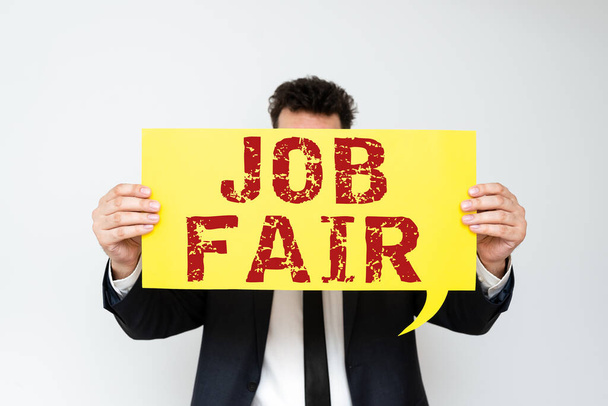 Σύμβολο κειμένου δείχνει Job Fair, Έννοια που σημαίνει ένα γεγονός όπου ένα άτομο μπορεί να υποβάλει αίτηση για μια θέση εργασίας σε πολλές εταιρείες - Φωτογραφία, εικόνα