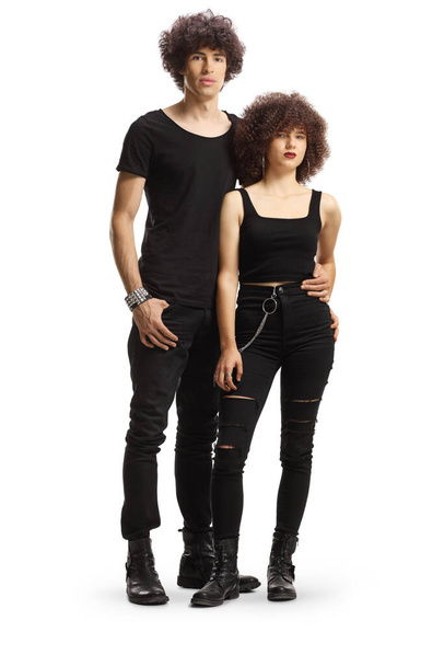 Full length portrait of a trendy young couple in black clothes isolated on white background - Zdjęcie, obraz