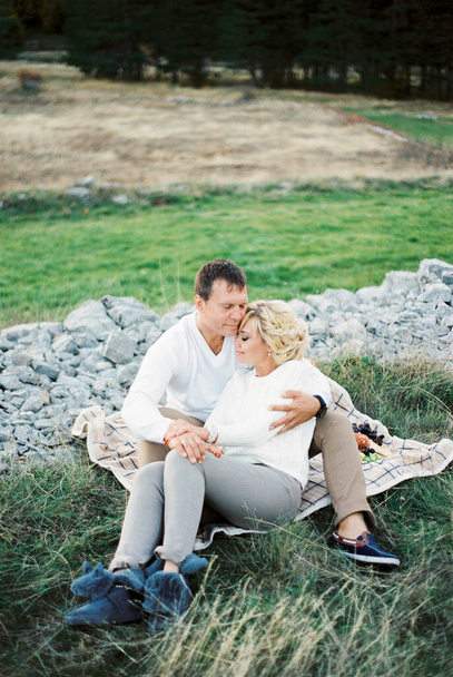 Мужчина обнимает женщину, прислоняющуюся к нему спиной, сидя на одеяле на газоне. Высокое качество фото - Фото, изображение
