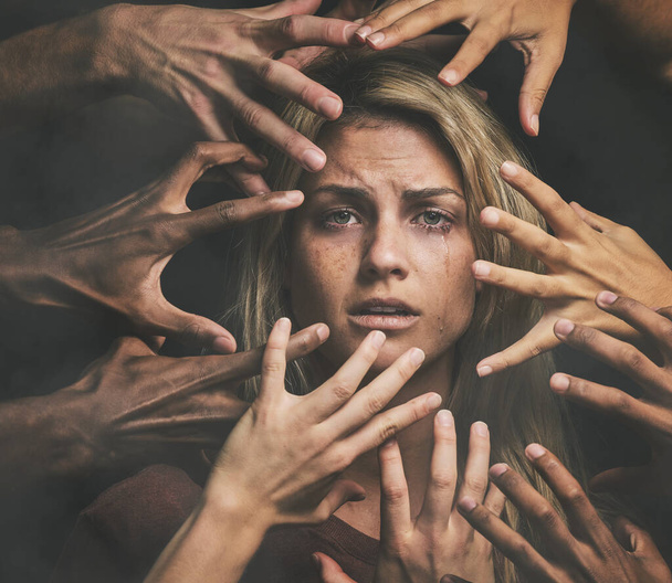 Hands, fear and sad woman with abuse, violence and crying with mental health, scared and anxiety. Portrait of woman with pain, rape and depression of toxic relationship, social conflict and depressed. - Fotoğraf, Görsel