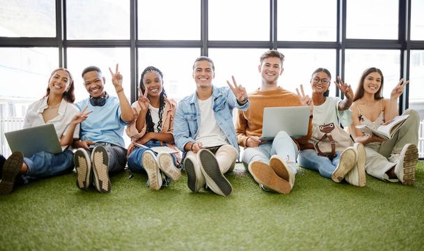 Peace sign, business students or people on laptop in digital marketing startup, creative brand ideas or education on relax turf. Portrait, smile or happy university friends with tech and cool gesture. - Photo, image