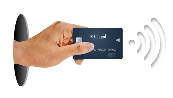 Una mano detiene una carta di credito in grado di effettuare pagamenti contactless tramite tecnologia di comunicazione near field. È un'illustrazione in 3-d. - Foto, immagini