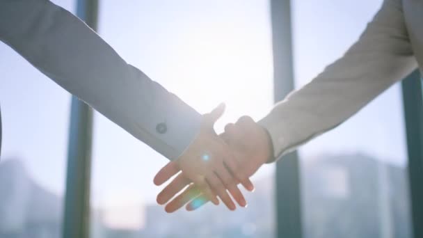 Fusion d'entreprise et poignée de main pour les hommes d'affaires en partenariat respectueux avec Sun Flare. étiquette professionnelle et geste formel pour l'accord d'entreprise et la collaboration ensemble - Séquence, vidéo