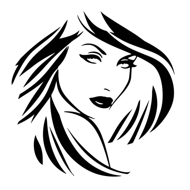 Kaunis naisen kasvot pitkät hiukset siluetti. Naisten hiukset kauneushoitola logo tai symboli.  - Vektori, kuva
