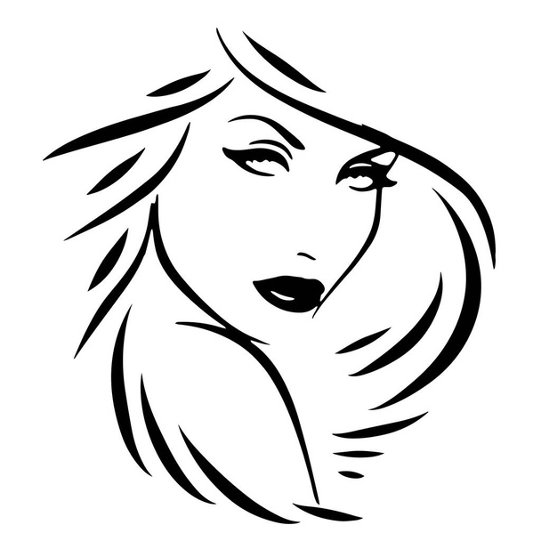 Kaunis naisen kasvot pitkät hiukset siluetti. Naisten kampaamo logo tai symboli. - Vektori, kuva