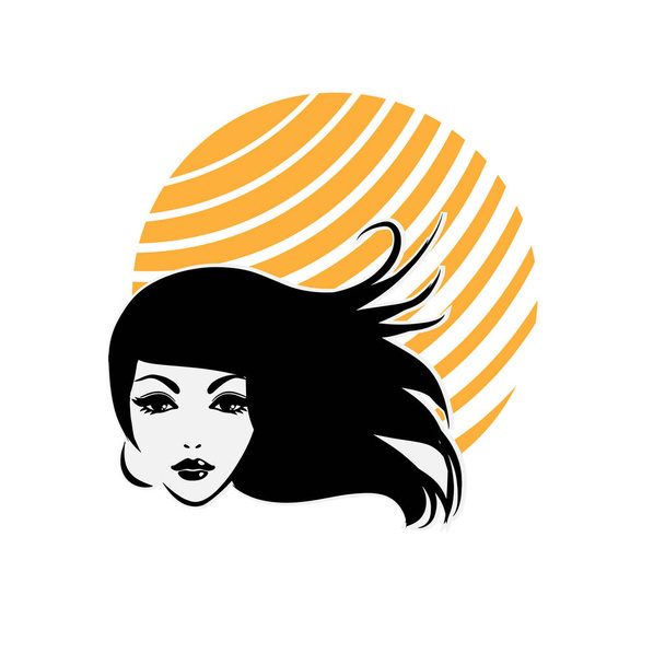 Bellissimo viso di donna con silhouette a capelli lunghi. Parrucchiere donna logo o simbolo. - Vettoriali, immagini