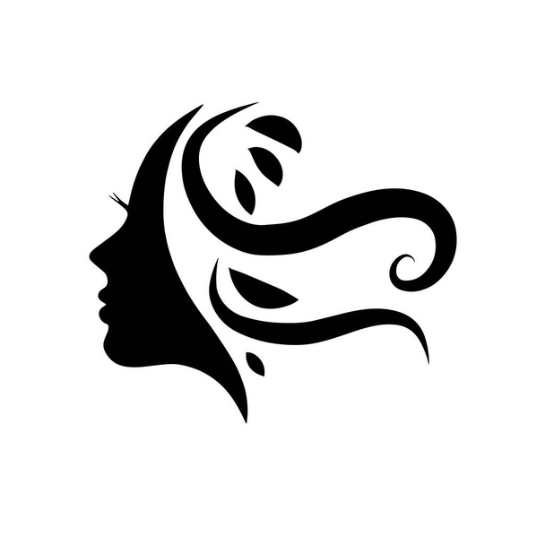 Kadın silueti. Uzun saçlı, siluetli, stilize edilmiş güzel bir kadın yüzü. Kadın saçı kaplıca salonu logosu ya da sembol. - Vektör, Görsel