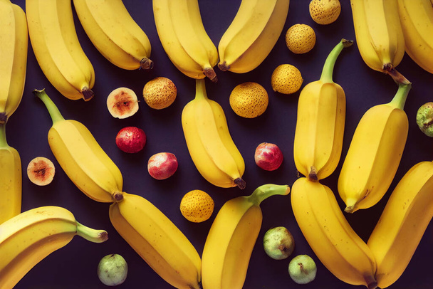Flatlay van een bananenoogst op de markt, een natuurlijke biologische voedingsbron vol vezels en vitaminen voor een gezond dieet. - Foto, afbeelding