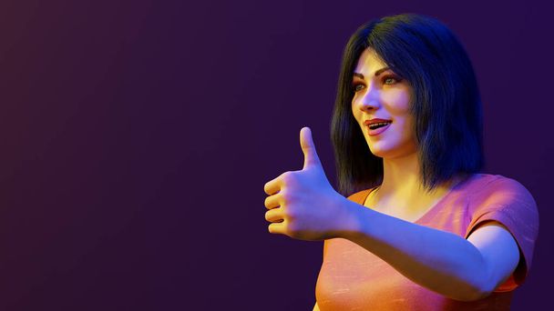 мультяшная женщина с крутым отношением большой палец вверх для поздравления да успех положительной апробации 3D иллюстрации - Фото, изображение