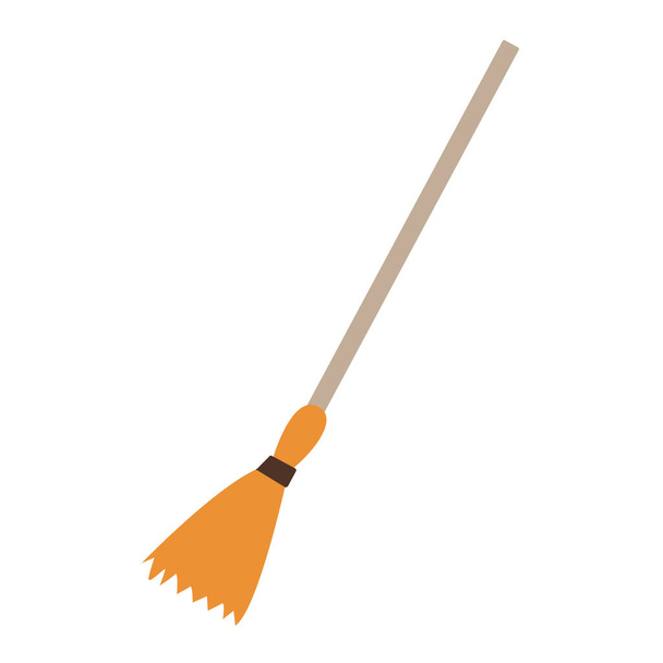 broom made from twigs on a long wooden handle. vector illustration. tool for cleaning isolated on white background. Witches broom stick. Halloween accessory object - Vector, Image