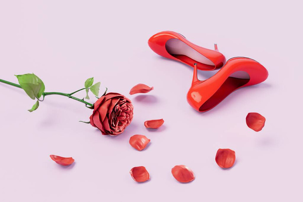 beautiful red shoes next to a red rose with petals falling on the pastel background. 3D render. - Valokuva, kuva
